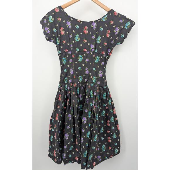 Vintage 1950s Kay Windsor Black Cotton Small Floral Fit & Flare Midi Dress - Picture 2 of 3